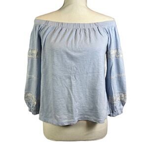 American Eagle Off the Shoulder Women's Light Blue Top with White Embroidery S
